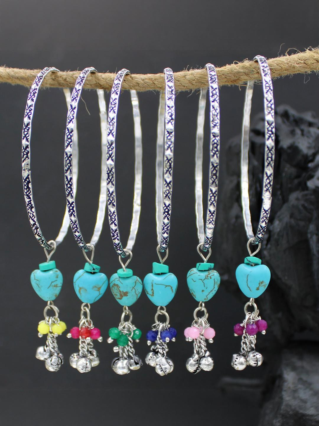 gurjari jewellers Set of 6 Oxidised Gungru With Colurful Turquoise Beads Charm Bangle