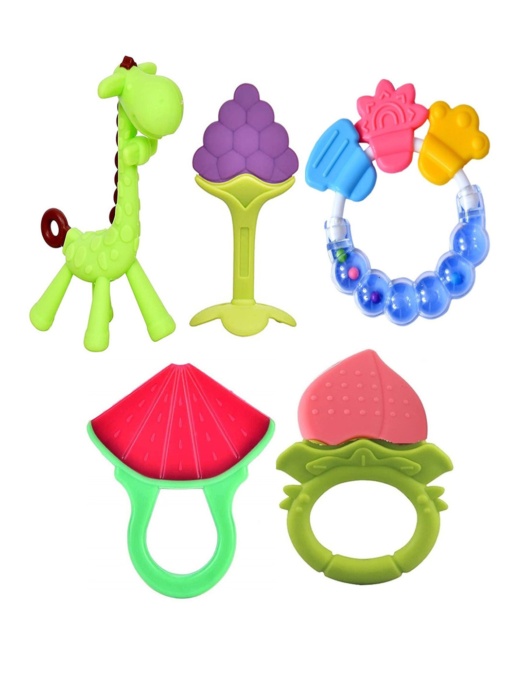 Joy Buzz Set Of 5 Silicone Giraffe, Rattle & Fruit Teether
