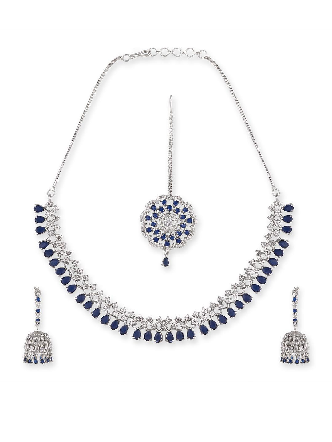 Manuvi Jewels Women Blue Silver-Plated American Diamond Necklace Earrings & Maang Tikka