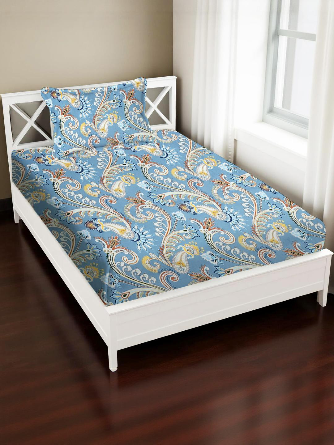 IVAZA Blue Floral 380 TC Single Bedsheet with 1 Pillow Covers