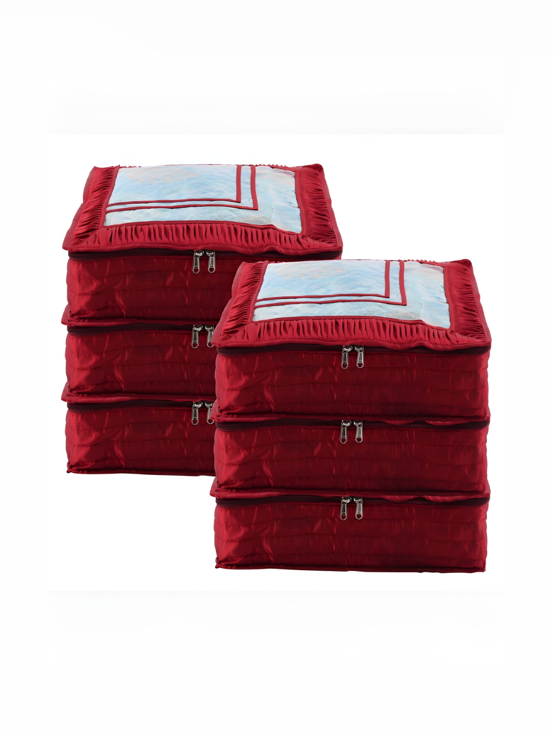 Aura Maroon & Transparent 6 Pieces Frill Top Window Satin Saree Bag Organisers