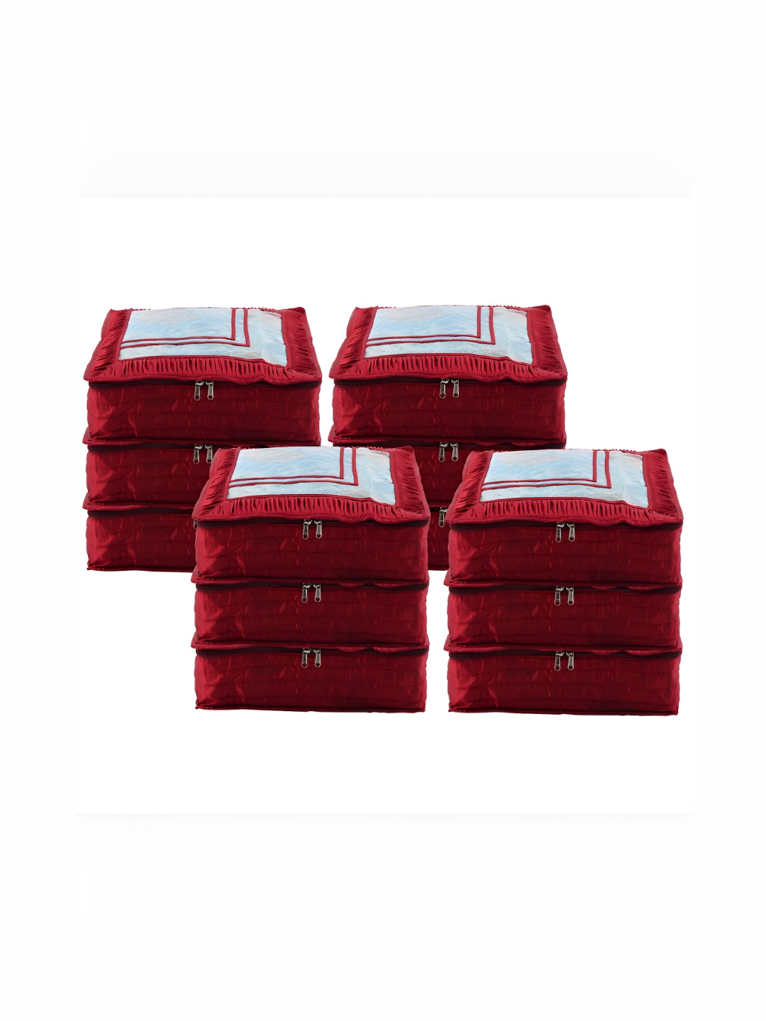 Aura Maroon & Transparent 12 Pieces Frill Top Window Satin Saree Bag Organisers