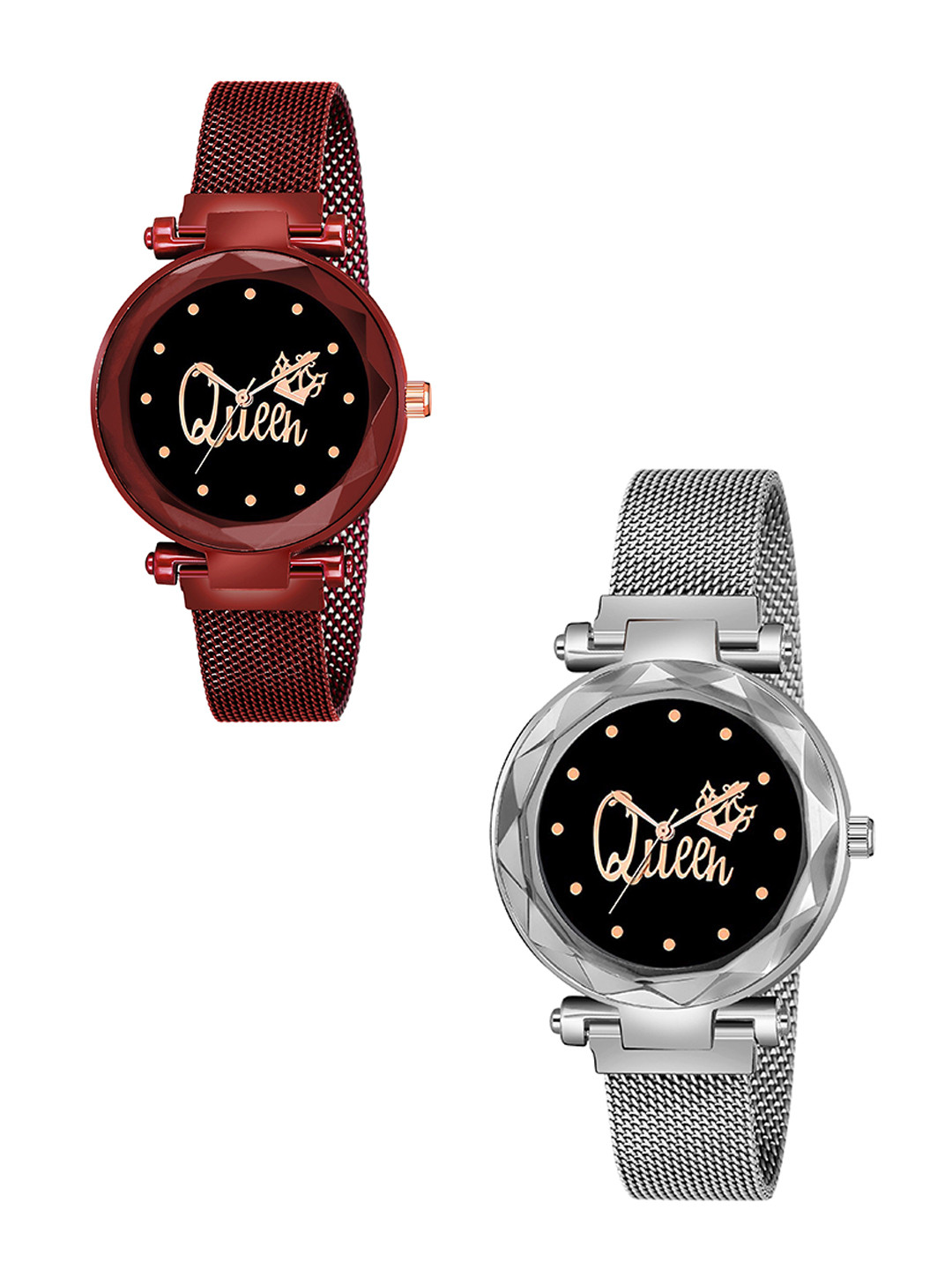 Gopal Shopcart Unisex Pack of 2 Bracelet Style Straps Watch Queen Red Silver Maganet