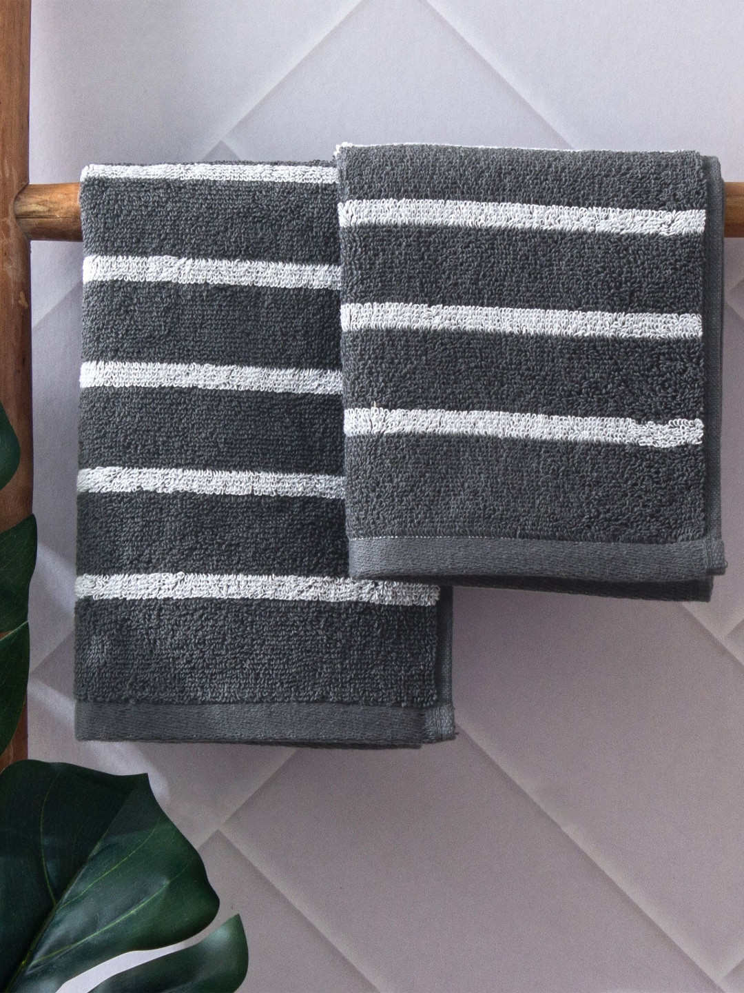 Home Centre Colour Refresh Essense 2Pcs Grey & White Striped Cotton Soft Face Towels