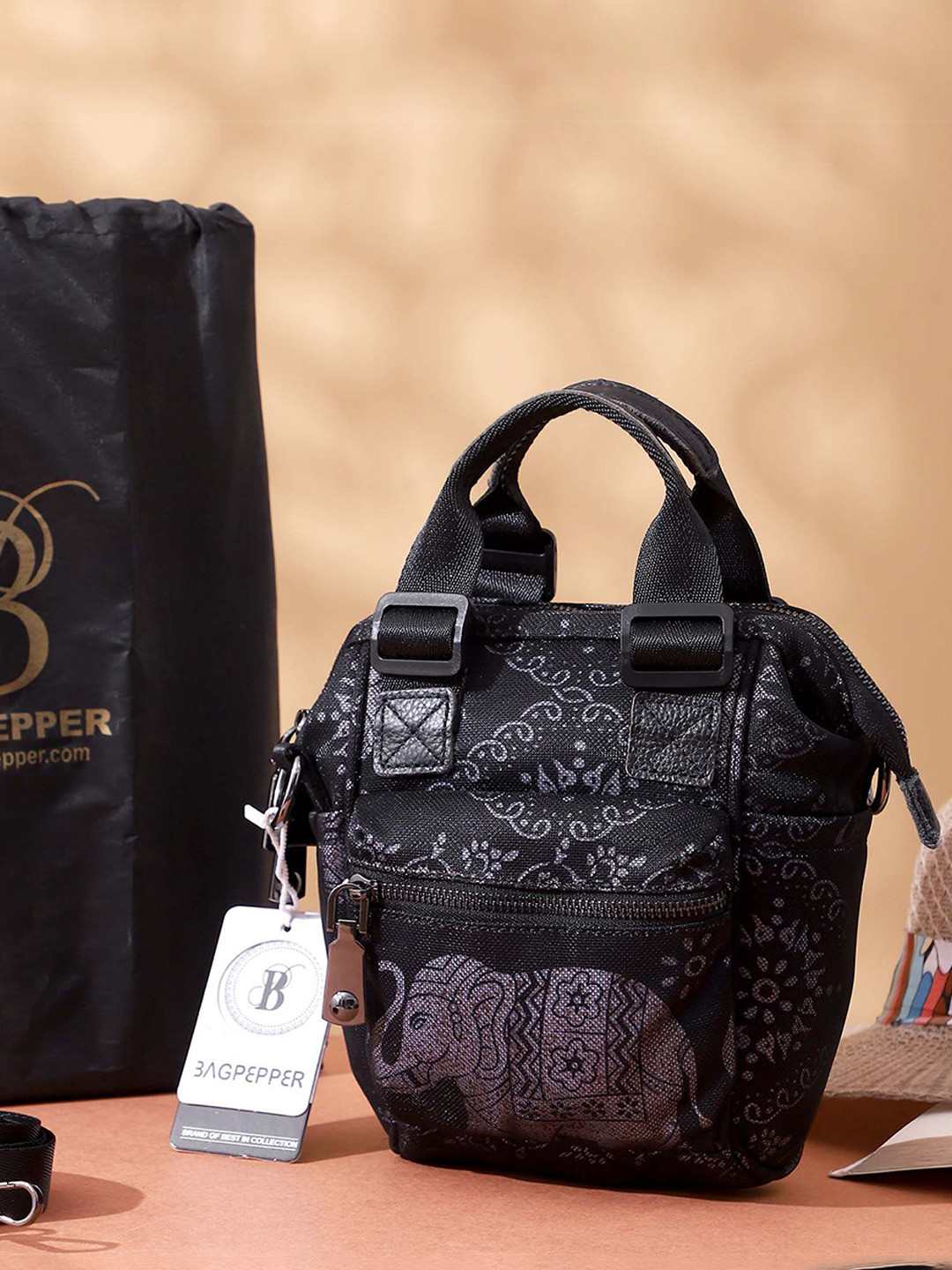 Bag Pepper Elephant Design Printed Structured Tote Bag with Adjustable Strap