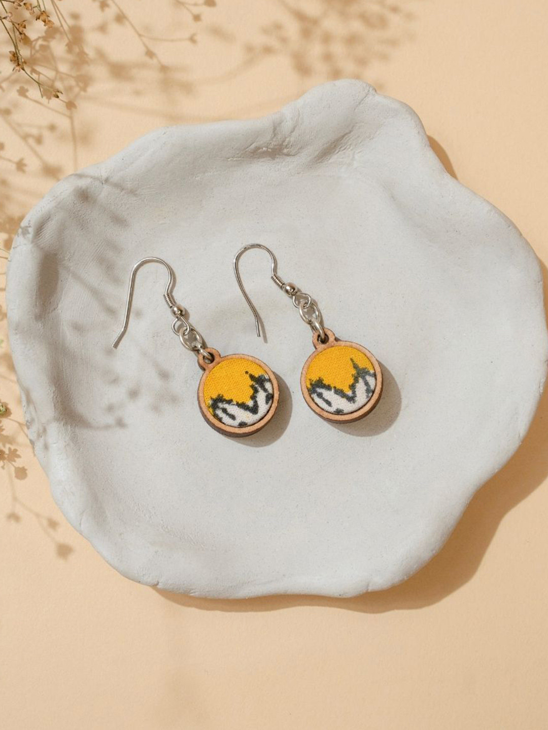 WHE Wooden Fabric Circular Shaped Drop Earrings