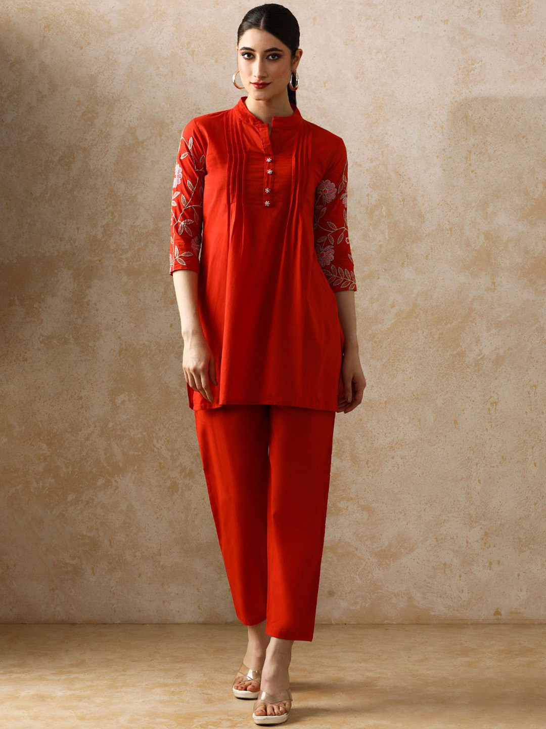 Moara Floral Embroidered A-Line Cotton Short Kurta & Trouser Sets