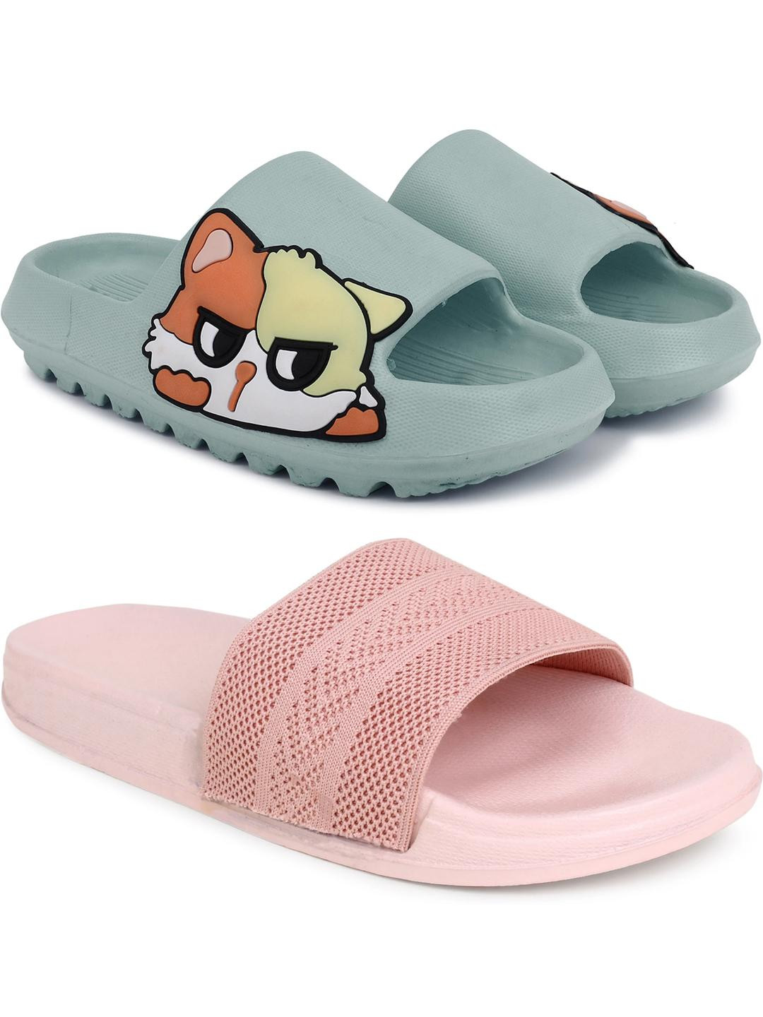 Pampy Angel Women Combo of 2 Green & Peach Printed Rubber Thong Flip-Flops