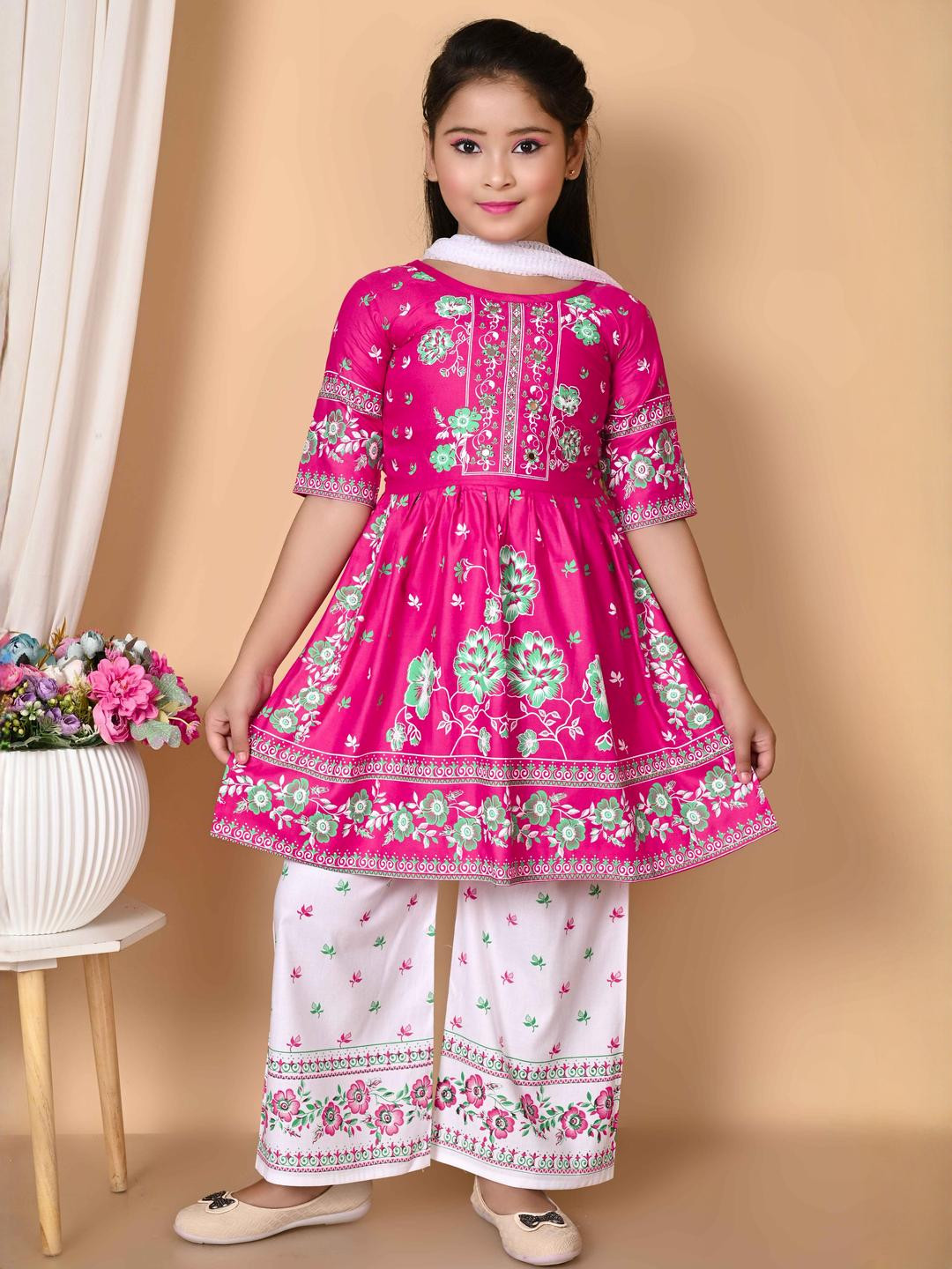 NFashion Girls Pink & White Floral Printed Pleated Kurta with Palazzos & With Dupatta