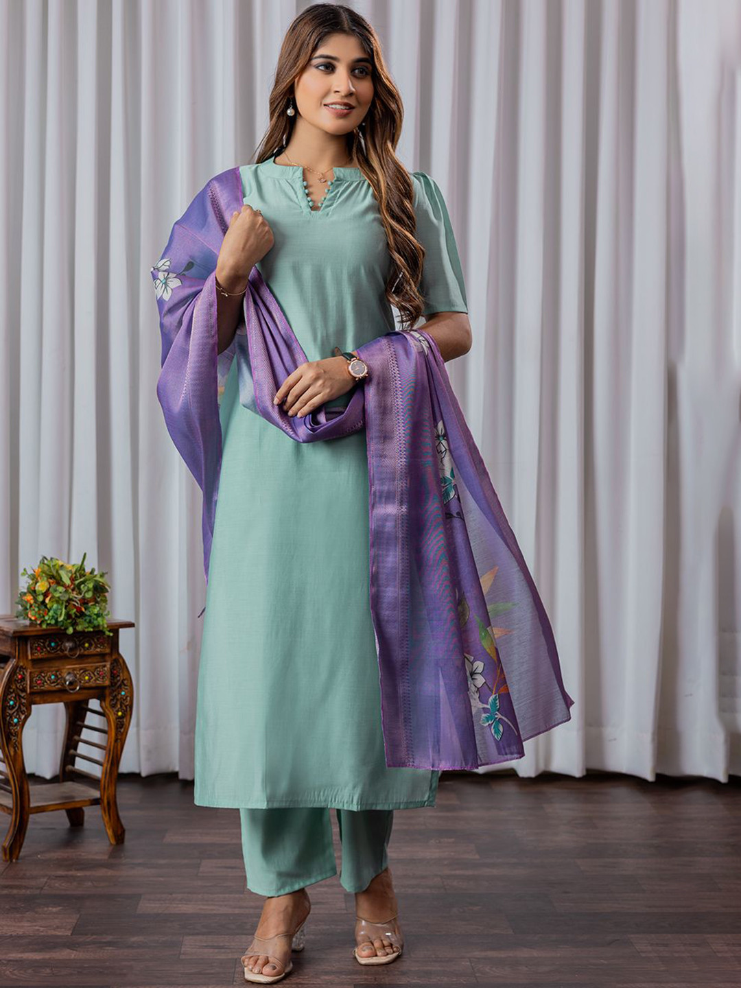 Sun Fashion And Lifestyle Mandarin Collar Art Silk Straight Kurta With Trousers & Dupatta