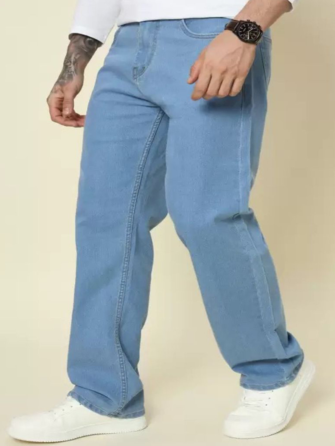 Playfeel Men Jean Barrel Fit Mid-Rise Cotton Jeans