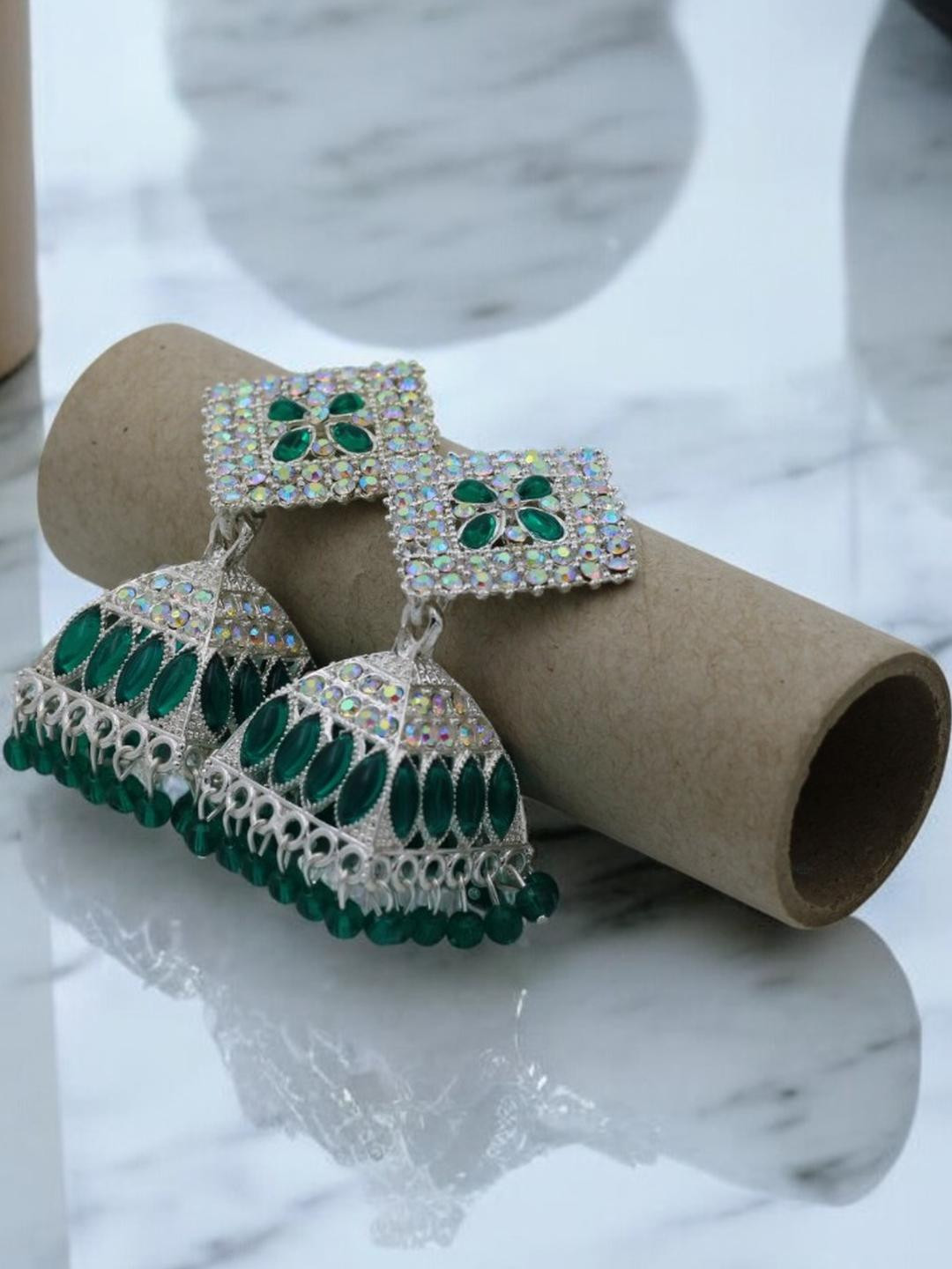 De-Ultimate Women Rhodium-Plated Turquise Stone Studded Classic Jhumkas