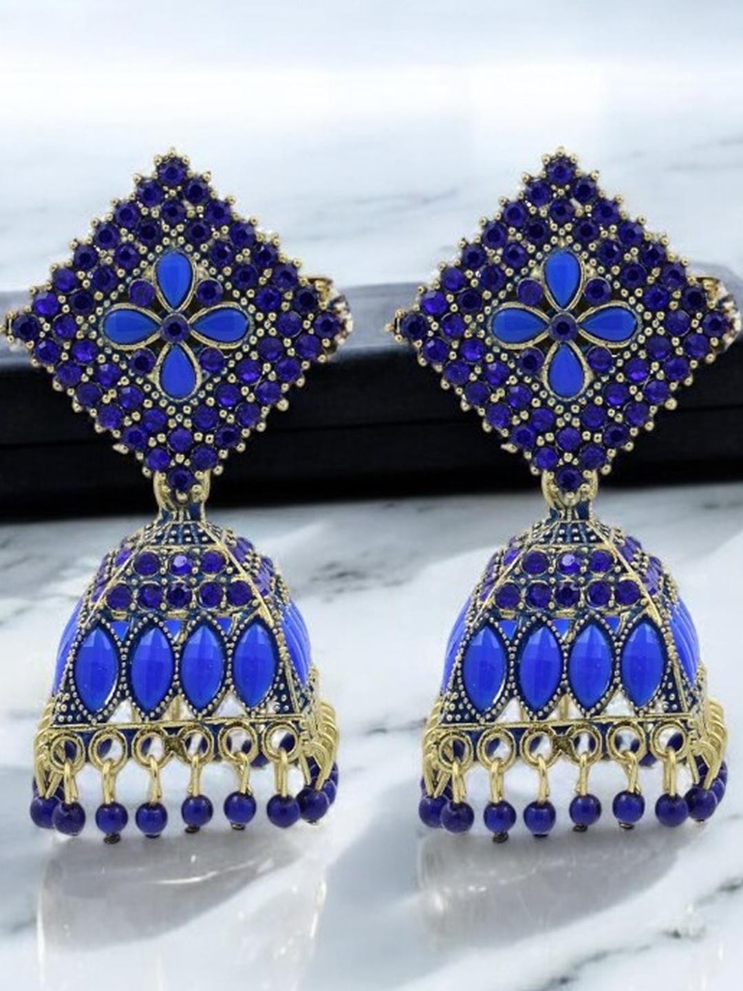 De-Ultimate Blue Rhinestone Classic Traditional Blue Color Jhumka Earrings