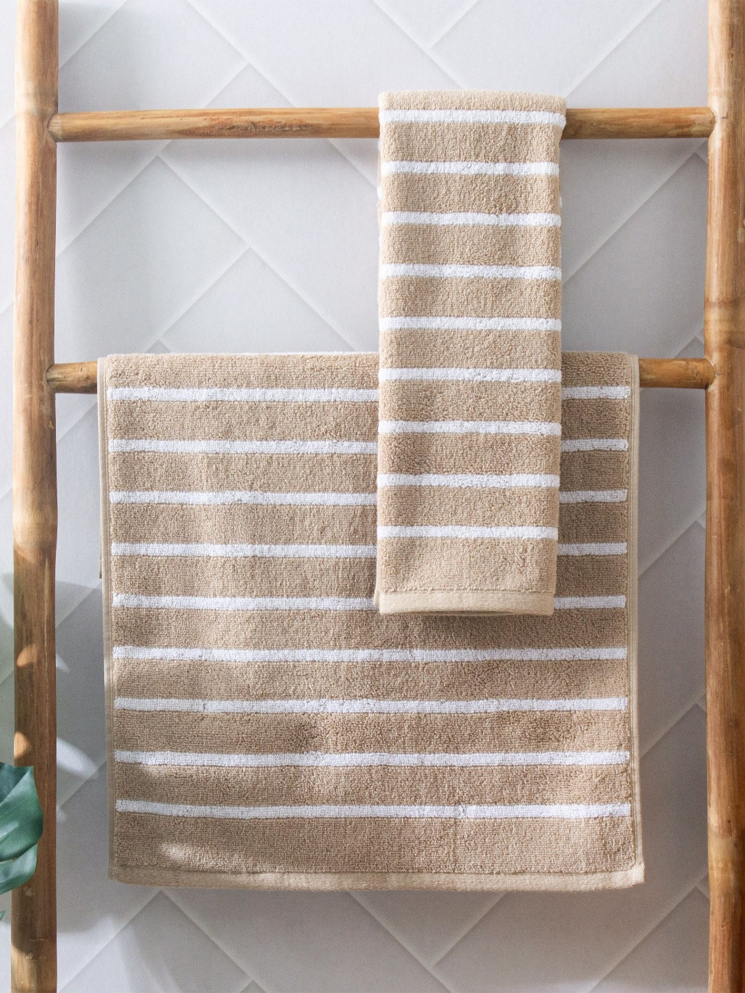 Home Centre Colour Refresh Essense 2Pcs Beige & White Striped Cotton Soft Hand Towels