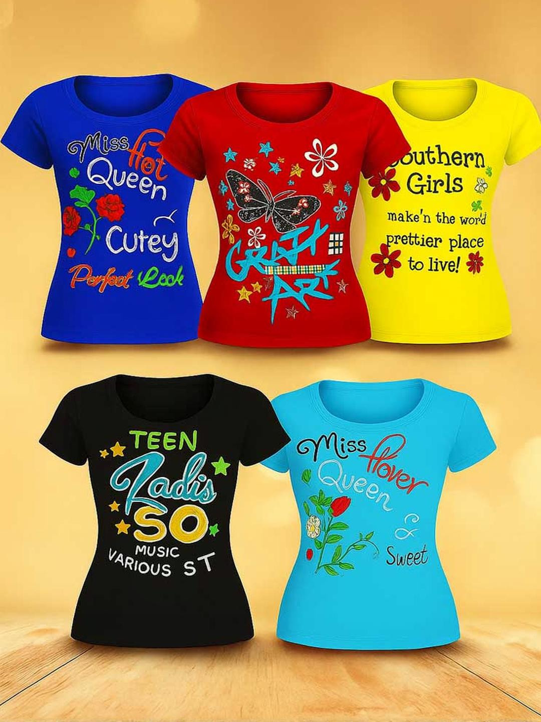CUTE TREND Pack of 5 Girls Multicolor Printed T-shirt