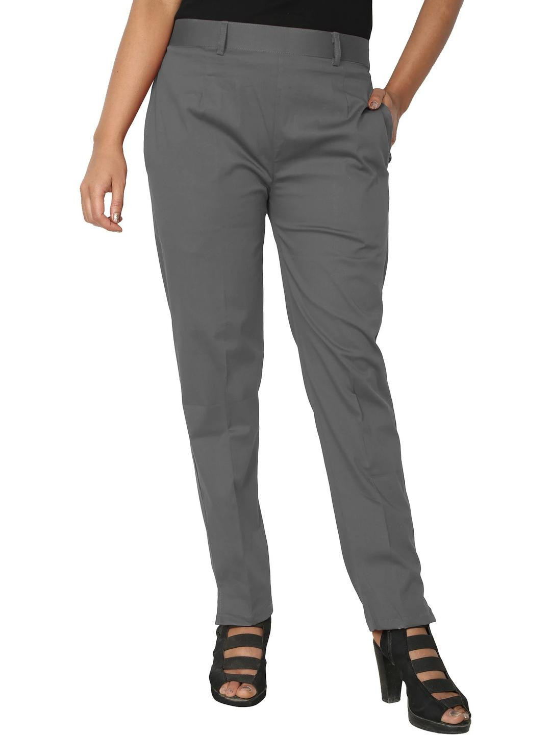 PINOVO Women Grey Color Plain Casual Mid-Rise Slip-On Trousers