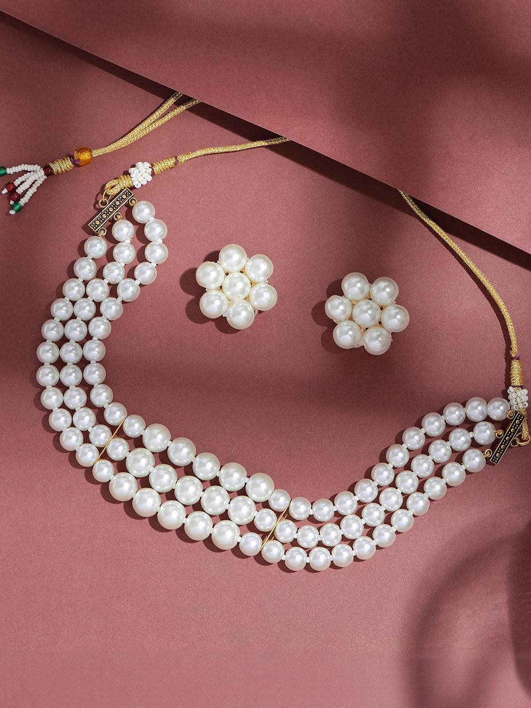 Anouk Premium Quality White Pearls Kundan Beaded Lyered Choker Necklace Jewelry Set