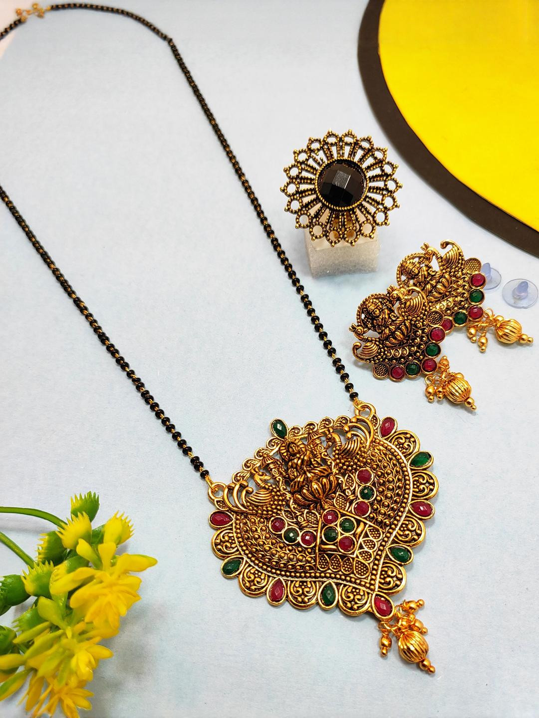 DIVYANSHI COLLECTION Women Oxidised Gold Plated Necklace Earrings And Ring Jewellery Set