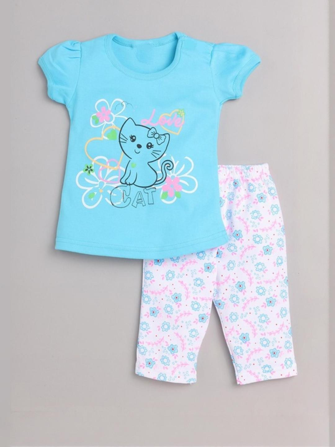 CUTEVIBE Girls Sky Blue & White Printed Cotton T-shirt with Pyjamas