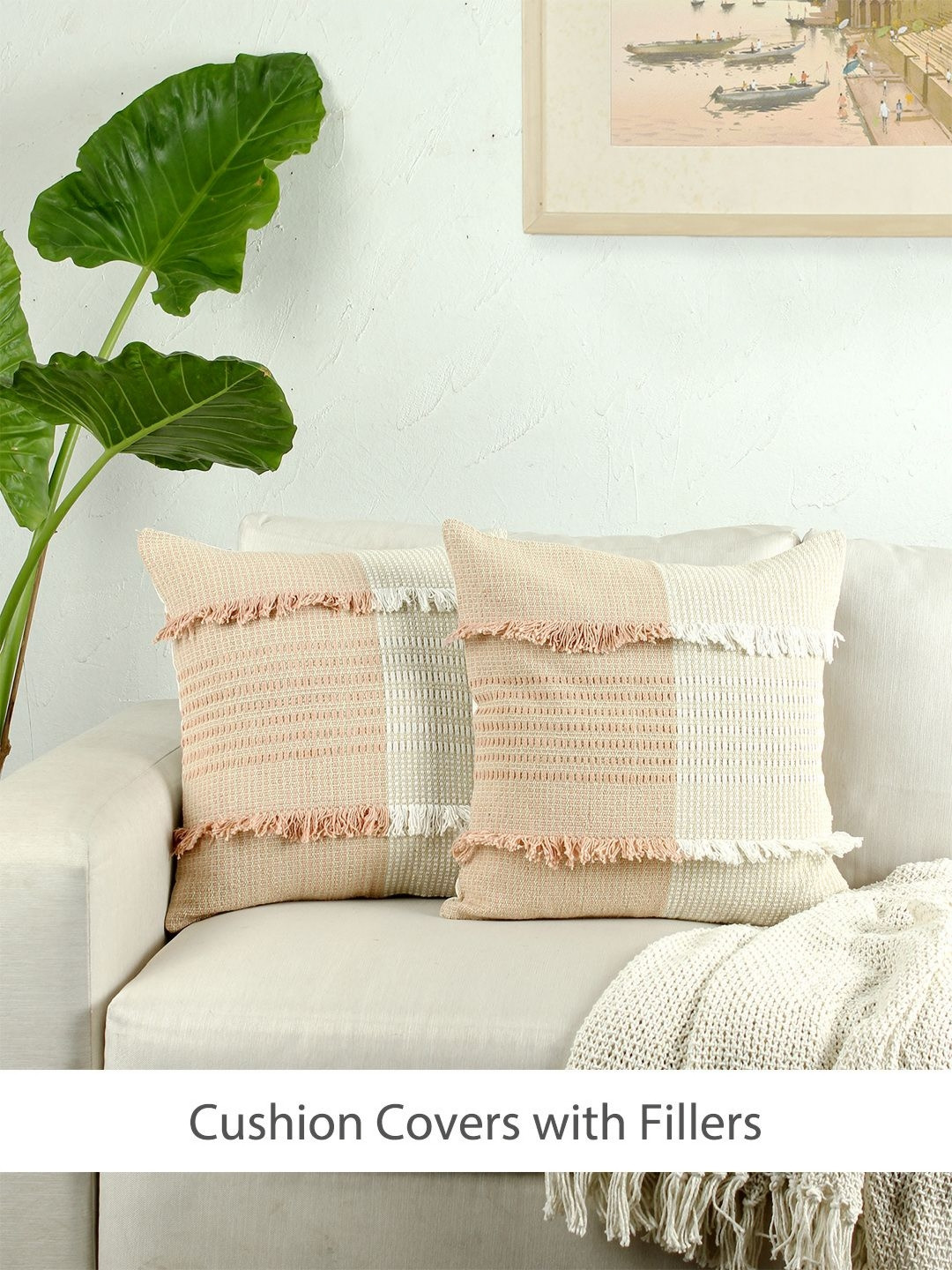 House This Neerja Pink 2 Pieces Self Design Cotton Square Cushion Covers With Fillers