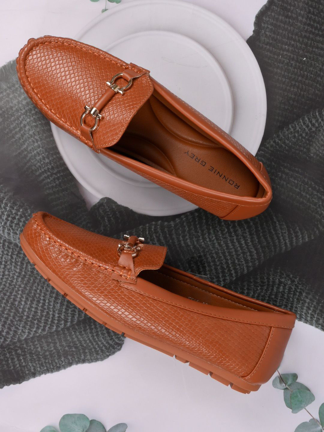 Ronnie Grey Women Textured Slip-On PU Horsebit Loafers