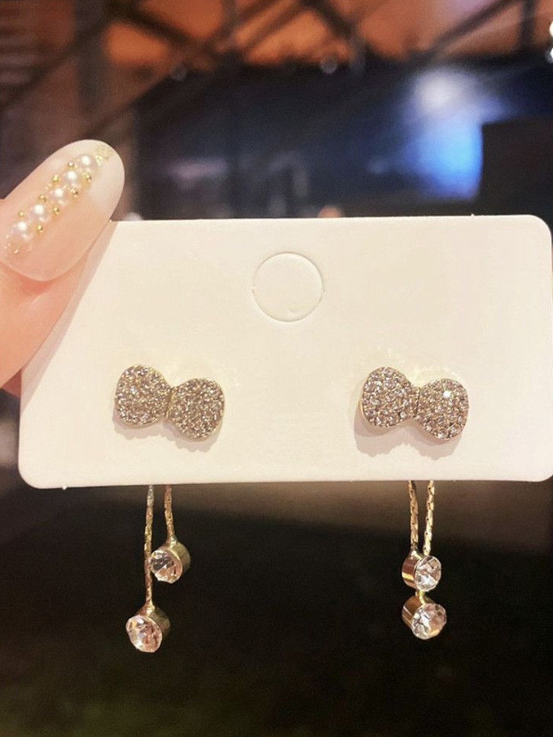 Celestria Bow Rhinestone Contemporary Drop Earrings