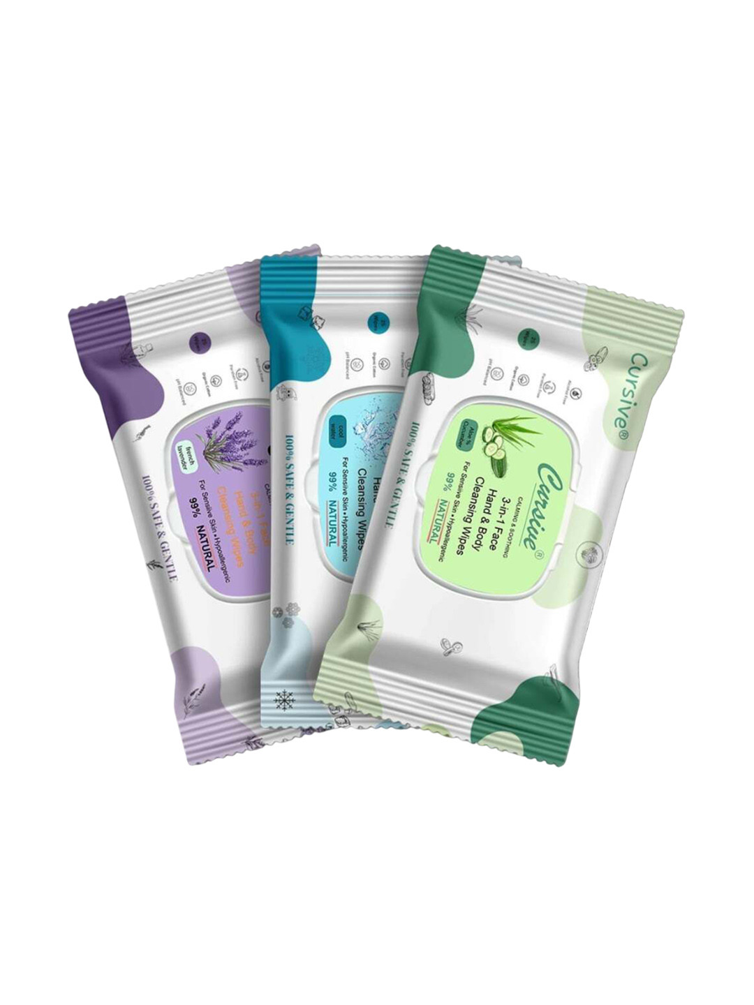 CURSIVE Set Of 3 French Lavender Aloe Cucumber & Cool Water Refreshing Wet Wipes
