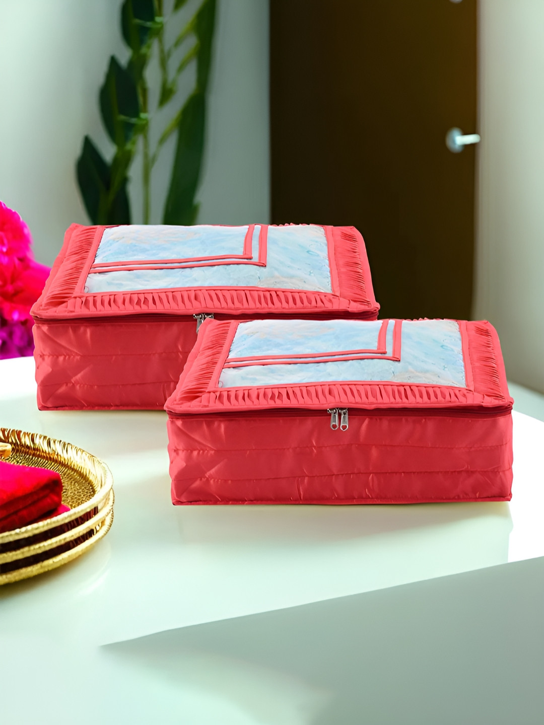 Aura Red & Transparent 2 Pieces Frill Top Window Satin Saree Bag Organisers