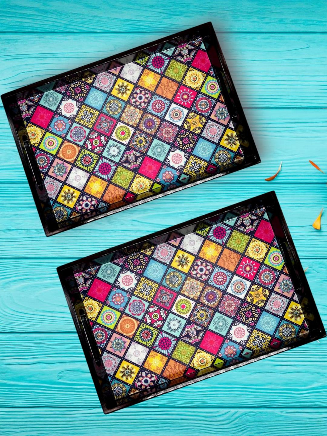 Angira handicrafts Unisex Black 2 Pieces Wooden Ethnic Motifs Smooth Surface Serving Tray