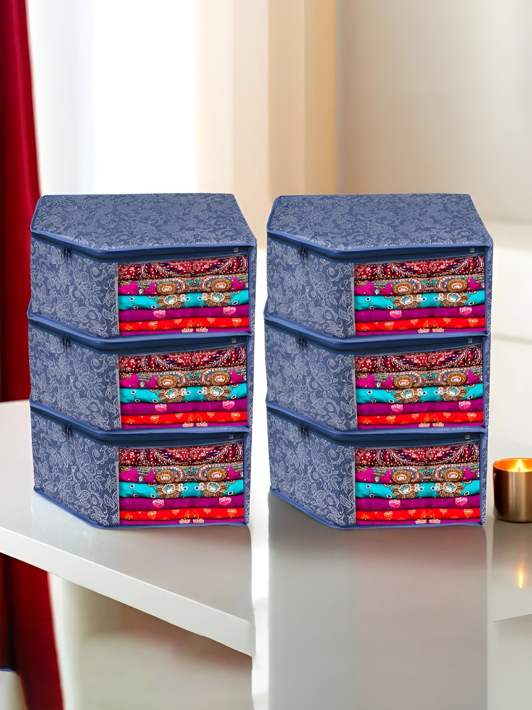 Aura Navy Blue & Transparent 6 Pieces Flower Printed Reusable Drawer Organisers