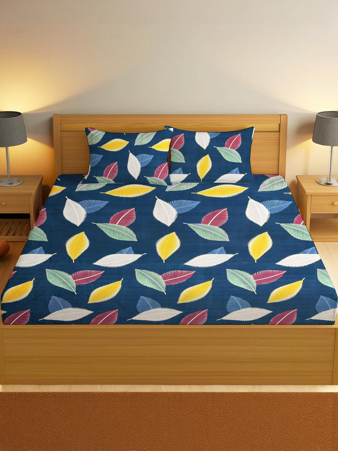 IVAZA Unisex Blue 330 TC Leaf Queen Bedsheet with 2 Pillow Covers