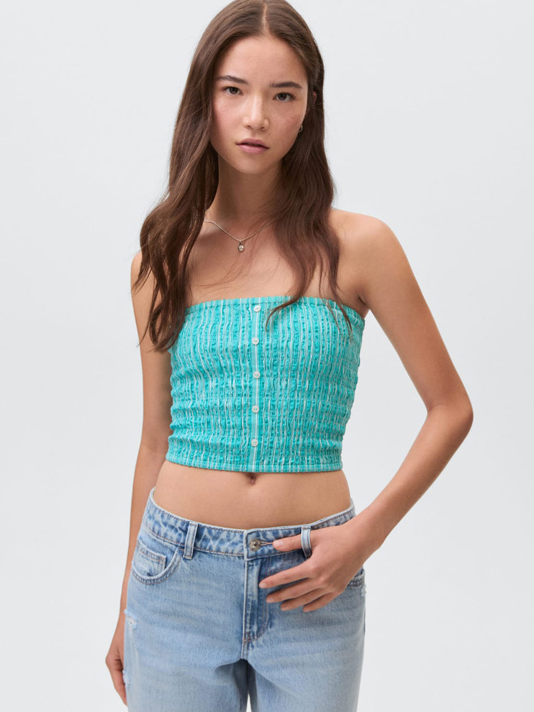 MANGO Striped Smocked Pure Cotton Crop Tube Top