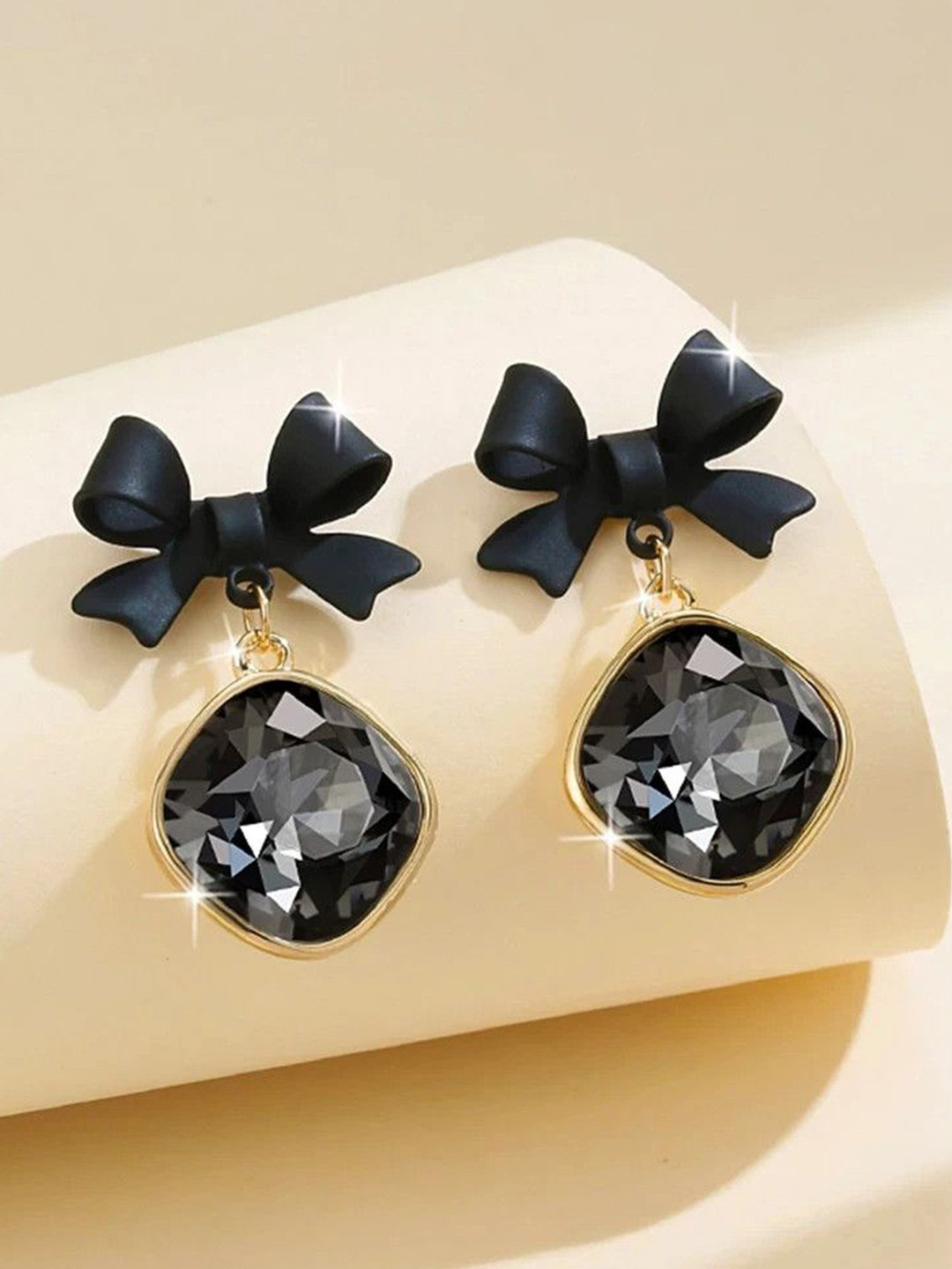 Celestria Crystal Studded Bow Korean Drop Earrings