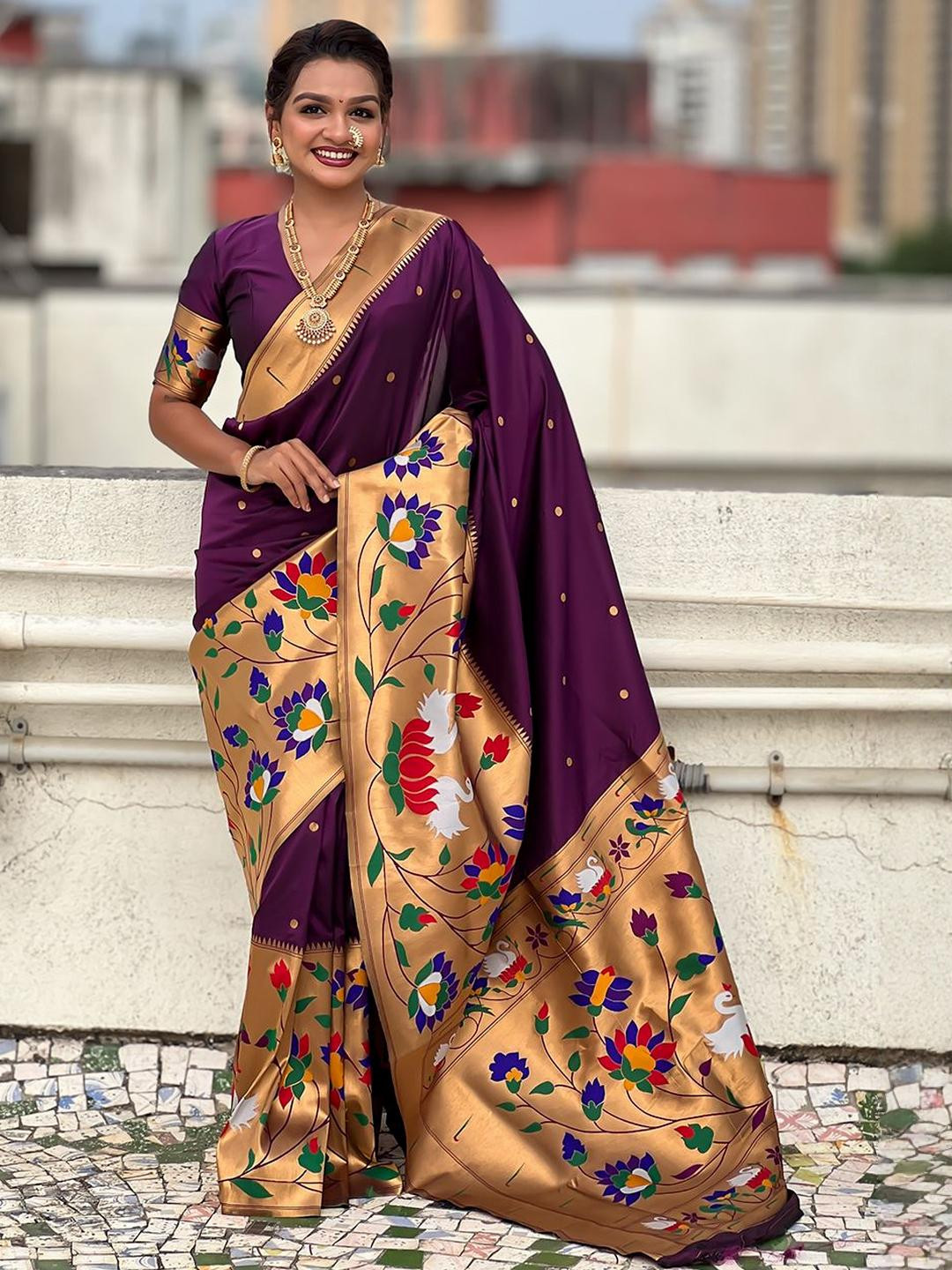 ELITE WEAVES Polka Dot Silk Blend Heavy Work Paithani Saree