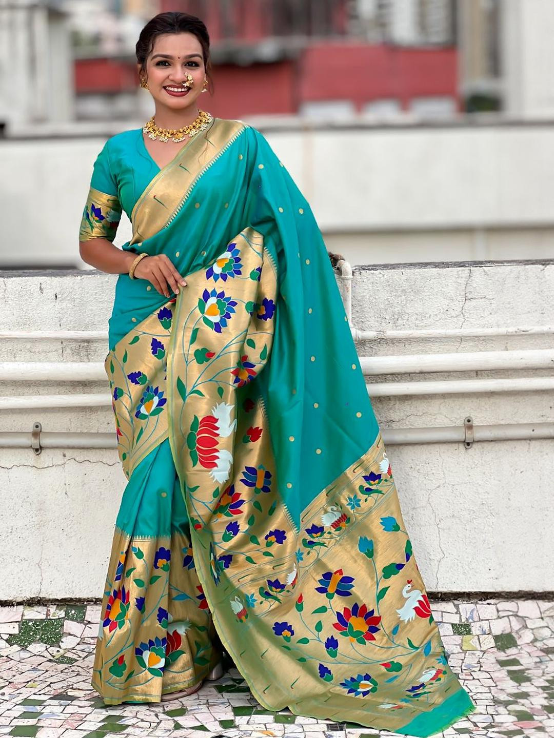 ELITE WEAVES Polka Dot Zari Silk Blend Heavy Work Paithani Saree