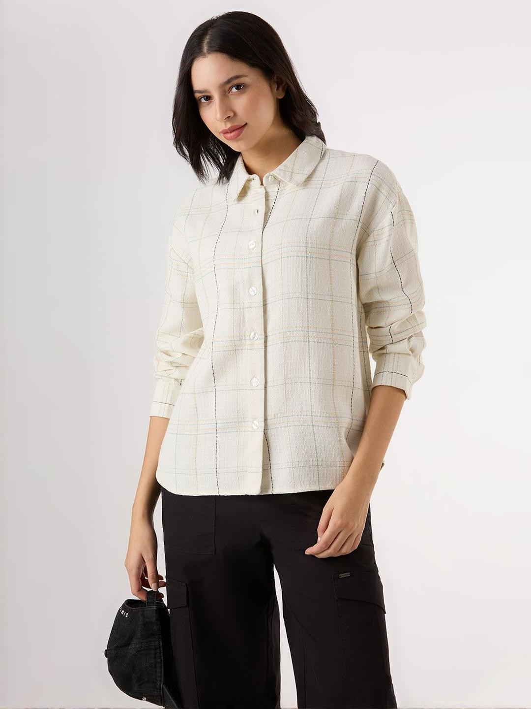 Pepe Jeans Women Oversized Fit Checked Spread Collar Casual Shirt