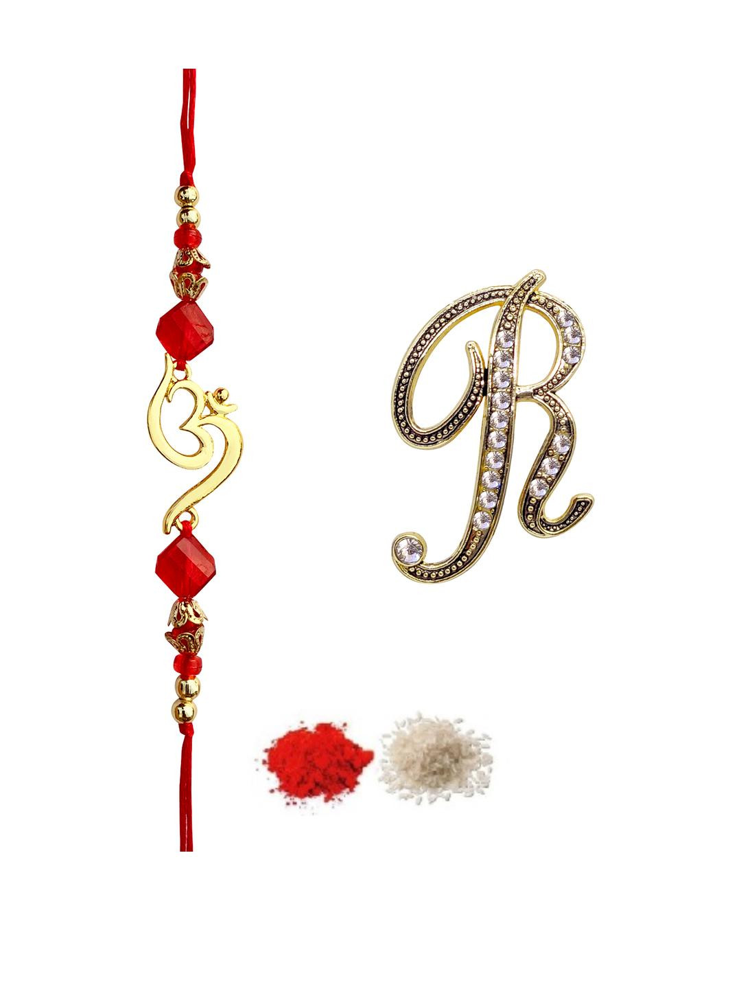 FURE Set Of 2 Gold-Toned R initial Brooch & Thread Om Beads Rakhi