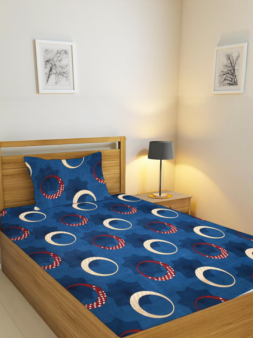 IVAZA Navy Blue Geometric 200 TC Single Bedsheet with 1 Pillow Covers