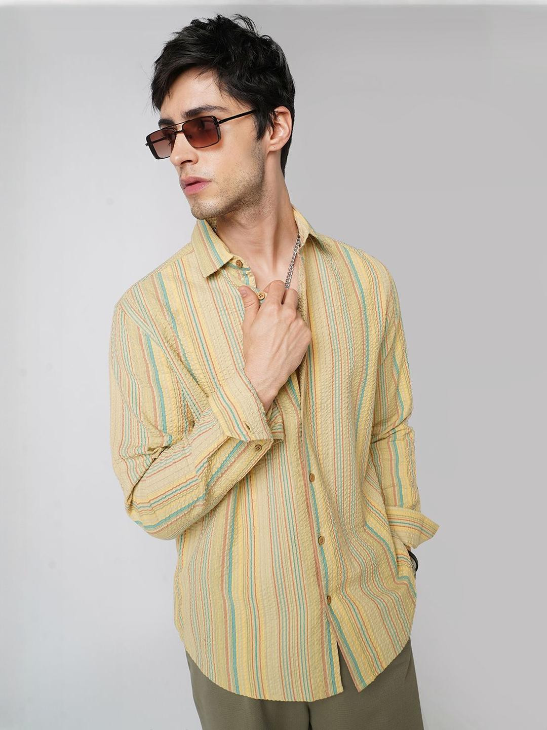 VASTRADO Classic Trails Seersucker Multi Striped Slim Fit Cotton Casual Shirt