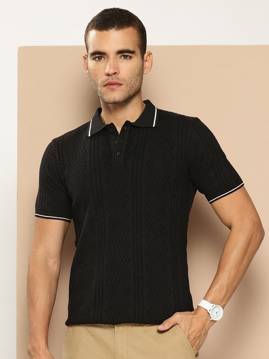 Mast & Harbour Men Self Design Polo Collar Cotton Flat KnitT-shirt