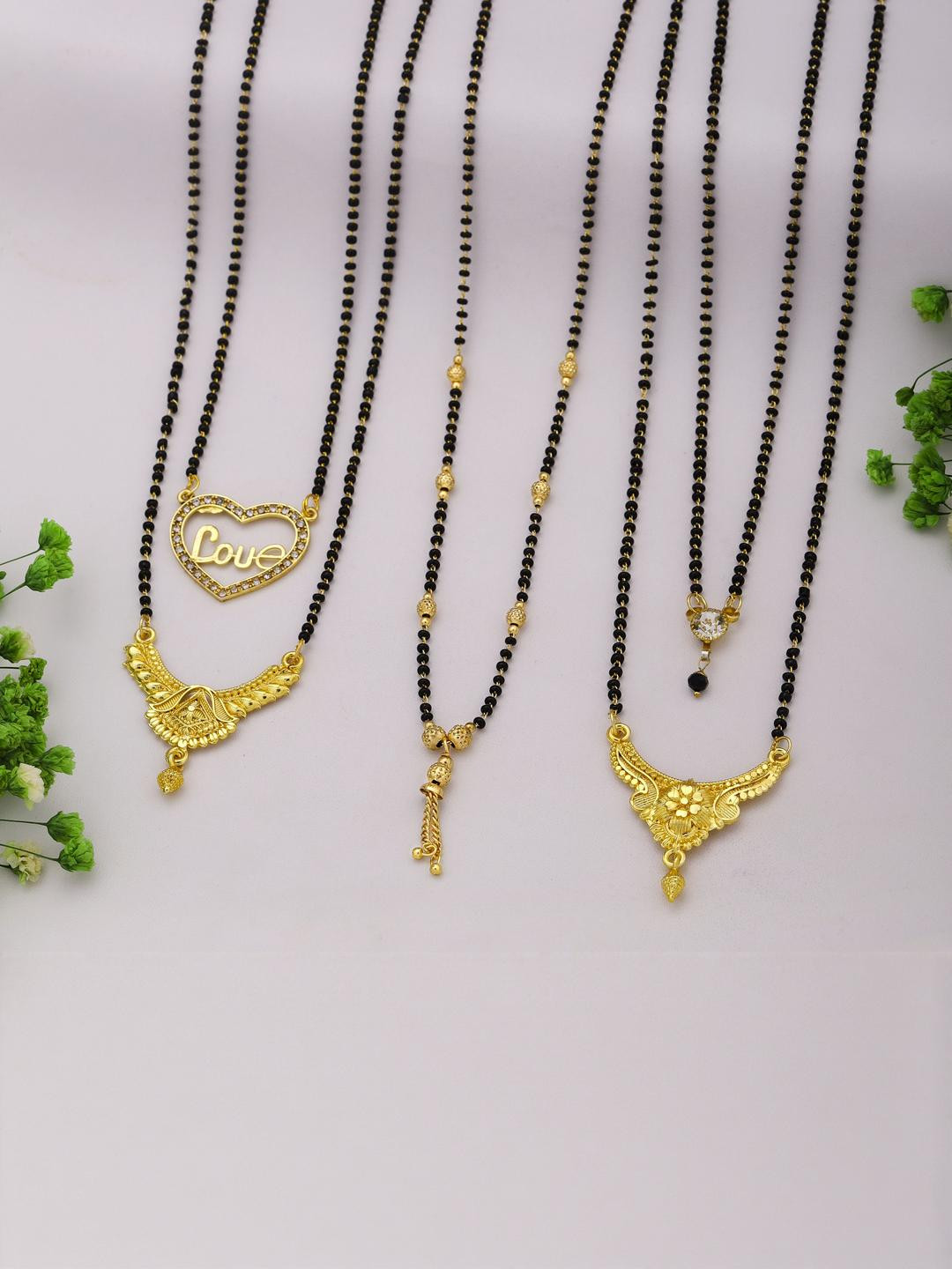 DIVASTRI Women Pack Of 5 Gold-Plated With Black Artificial Beads Mangalsutra