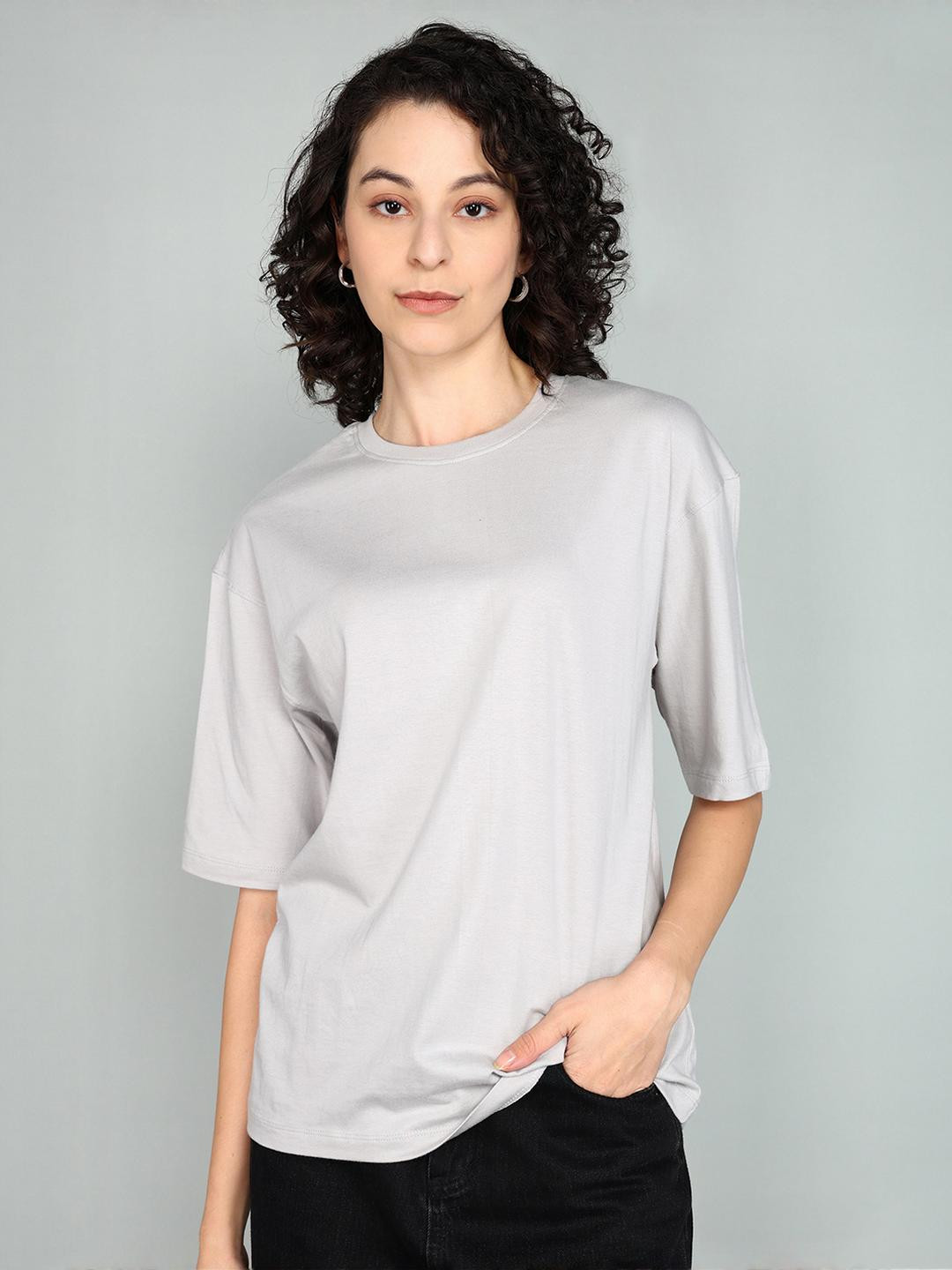 BEING WANTED Women Grey Pure Cotton  Tshirts