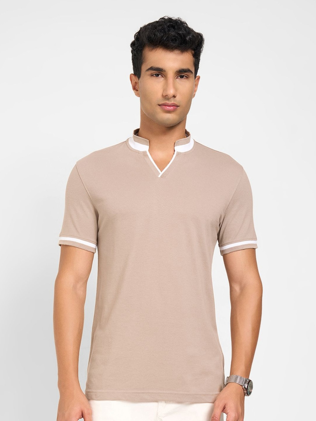 Peregrine by Pantaloons Mandarin Collar Regular Sleeves Slim Fit T-shirt