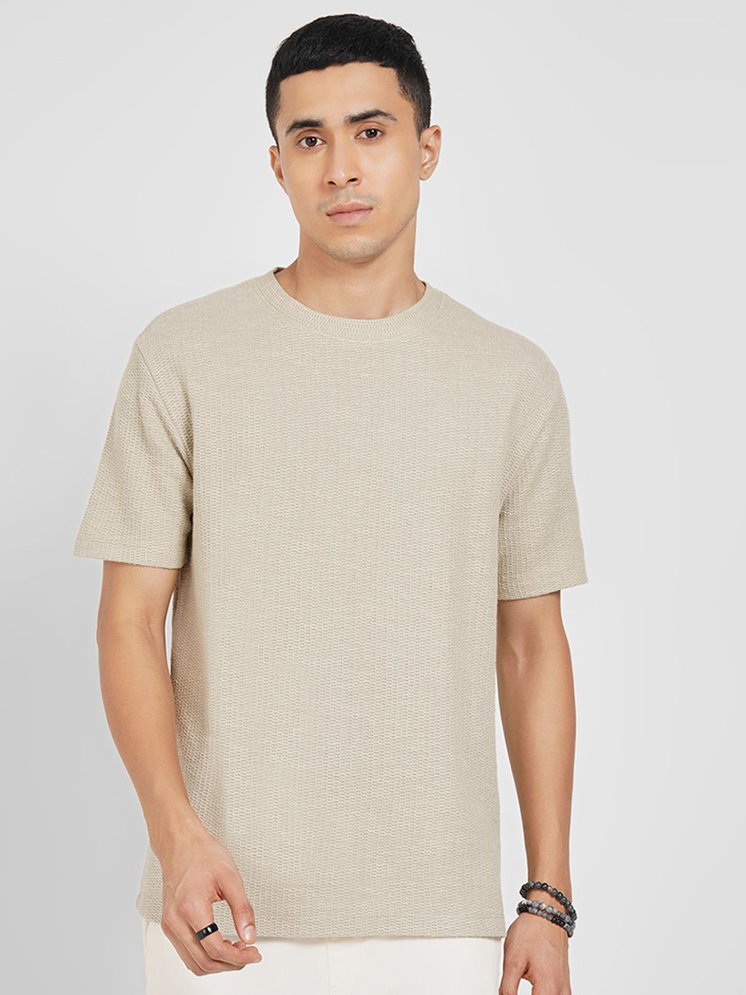 7 Alt by Pantaloons Self Design Round Neck Raw Edge Relaxed Fit T-shirt