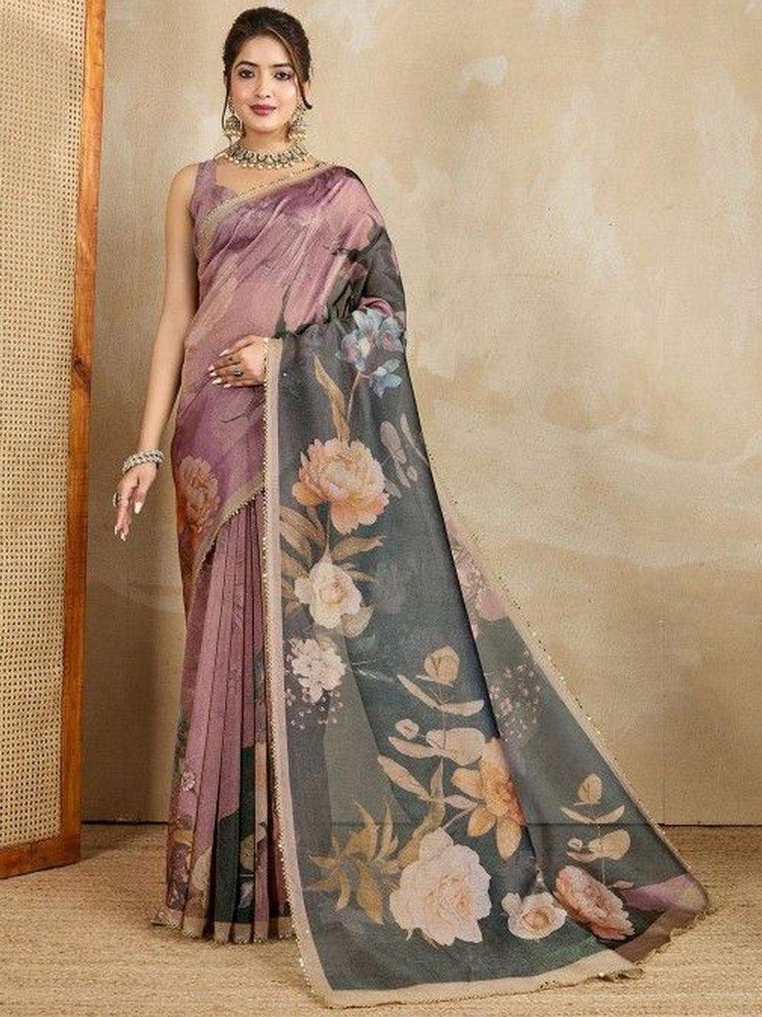 KARAGIRI Floral Printed Mukaish And Sequinned Tissue Saree