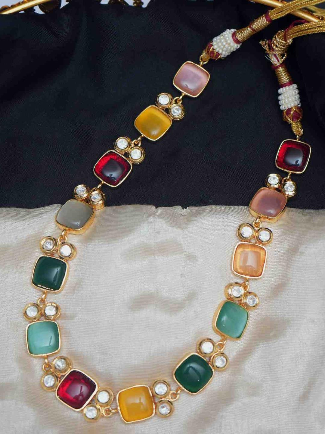 ANSHI ART Women Brass Gold-Plated Kundan Stones Studded Drawstring Necklace