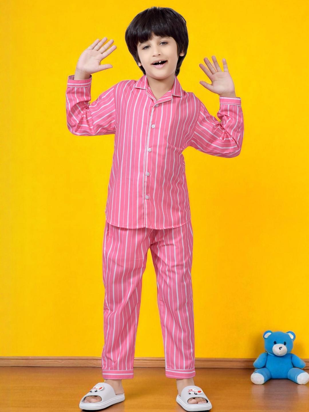 Club96 Boys Pink & White Stripe Printed Cotton Night Suit