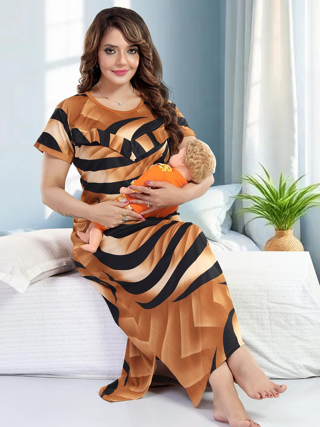 Be You Sarina Satin Spiral Printed Maternity Maxi Nightdress