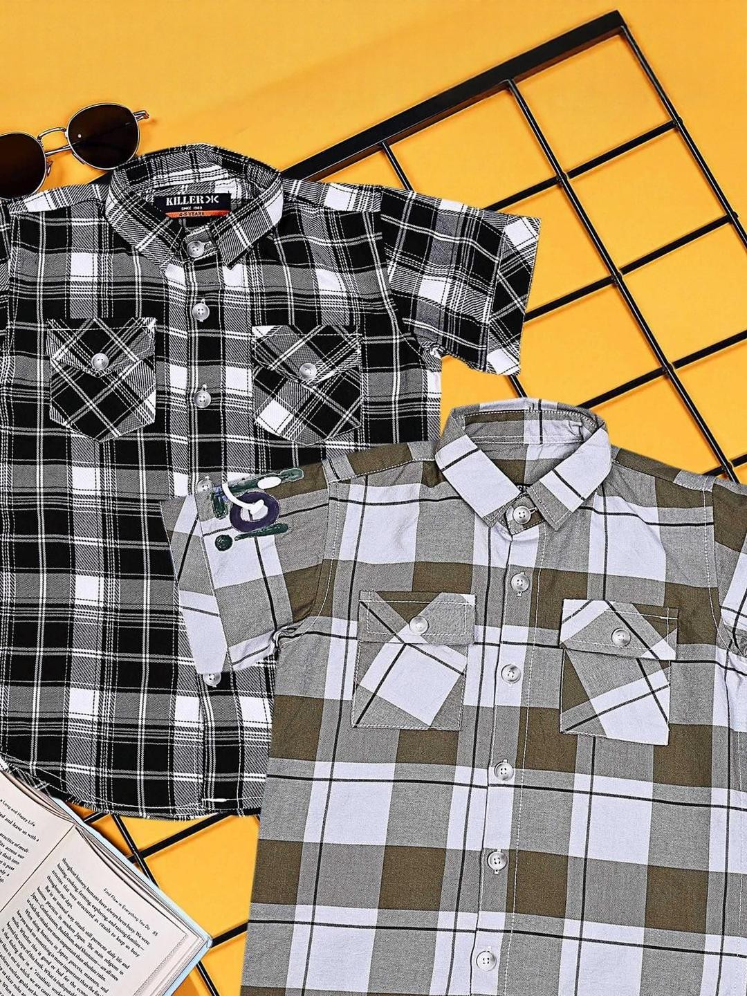 Killer Boys Pack of 2 Classic Fit Buffalo Checked Spread Collar Cotton Casual Shirts