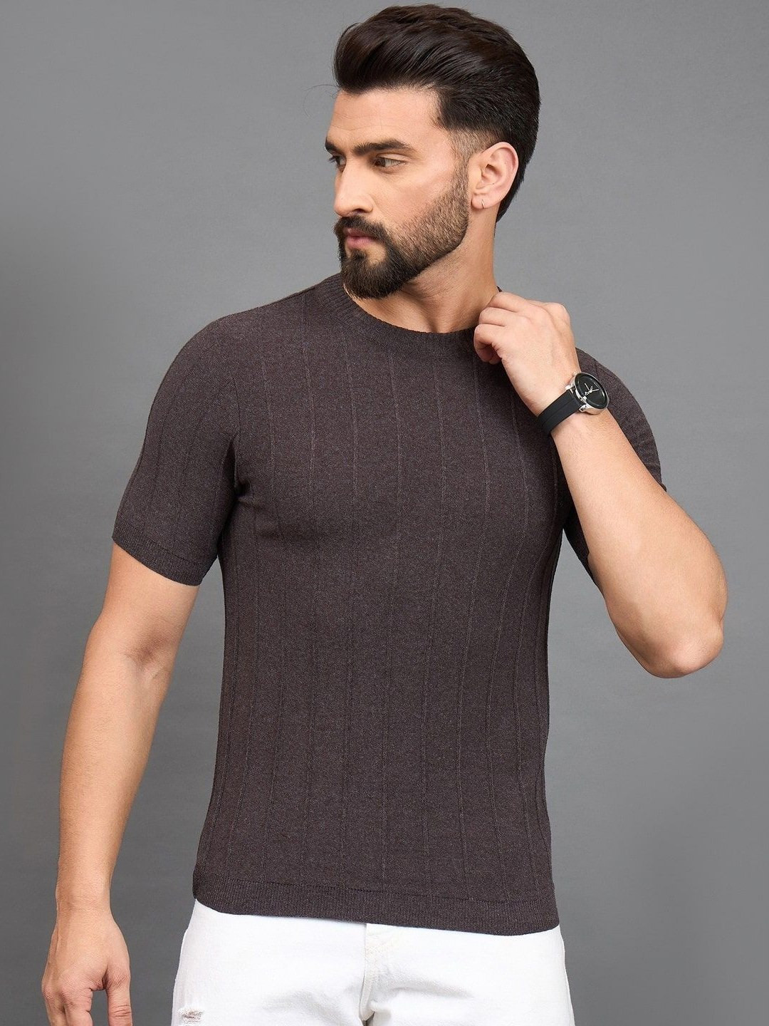 Mast & Harbour Men Self Design Round Neck Cotton Flat Knit T-shirt